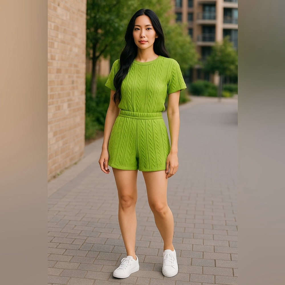 Knitted Top and Shorts Set Women Size Medium Green Cropped High Waisted Pockets